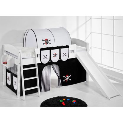 ae78ac4aa3cf3df36acec579732d81c8c01899fd31325e04d0ad3ae244dd8e6d.jpg An Image of Lilla Slide Children Bed In White And Pirate Black White Curtain