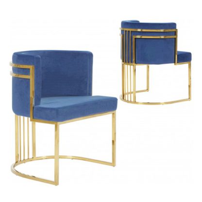 An Image of Casoli Blue Velvet Dining Chairs In Pair With Gold Legs