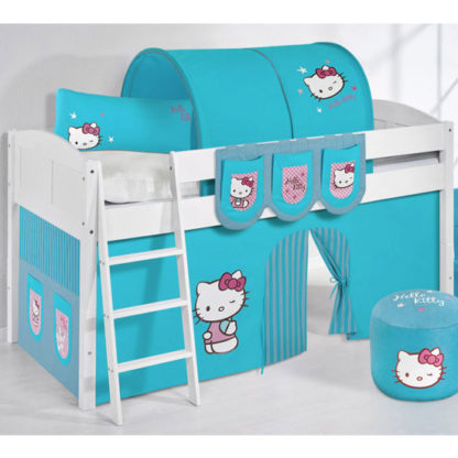 b074962ffffaadffa1edf1615f99f85e1b92d2858812ac32759ad5e77f507c49.jpg An Image of Hilla Children Bed In White With Kitty Turquoise Curtains