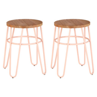 An Image of Pherkad Wooden Hairpin Stools With Pink Metal Legs In Pair