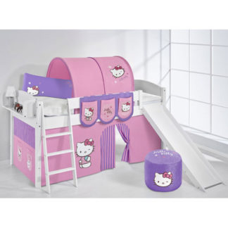An Image of Lilla Slide Children Bed In White With Kitty Purple Curtains