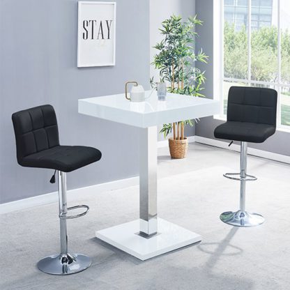 An Image of Topaz Glass Bar Table In White Gloss With 2 Coco Black Stools