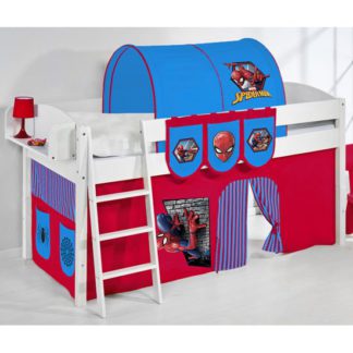 An Image of Lilla Children Bed In White With Spiderman Curtains