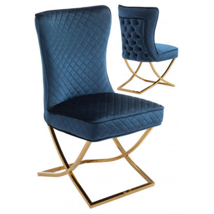 An Image of Lorenzo Blue Velvet Dining Chairs In Pair With Gold Legs