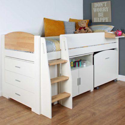 An Image of Urban Birch Childrens Midsleeper Bed with pull out Desk, Chest and Cupboard