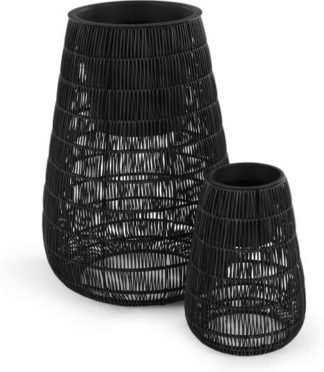 An Image of Nadda Set Of Two Tall Polyrattan Plant Stands, Black