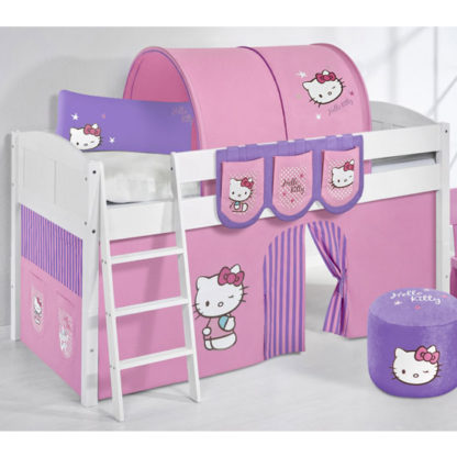 An Image of Hilla Children Bed In White With Kitty Purple Curtains