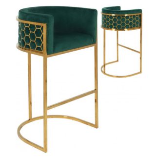 An Image of Meta Green Velvet Bar Stools In Pair With Gold Legs