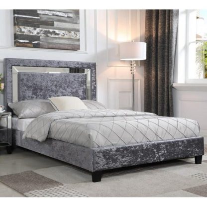 An Image of Valdina Double Bed In Crushed Velvet Silver With Mirror Edge Hea