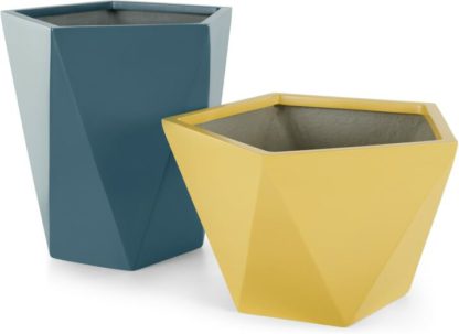 An Image of Baloo Set Of 2 Geometric Tall Fibreglass Planters, Yellow & Teal