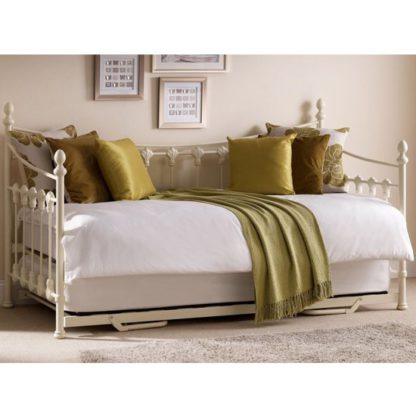 bb695344c480ae43031576850bde2e3a1e52daf1ba73d6240233e5f44323c9e8.jpg An Image of Versailles Metal Day Bed With Guest Bed In Stone White