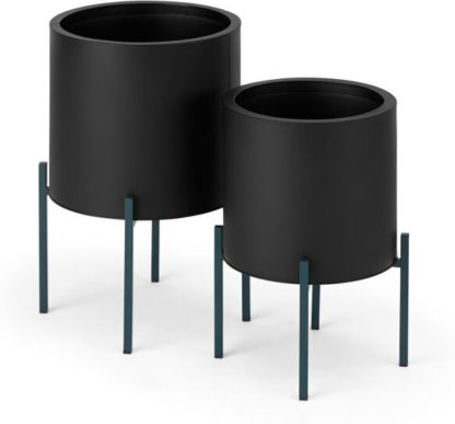 An Image of Noor Set of 2 Large Galvanized Iron Round Plant Stands, Black & Teal