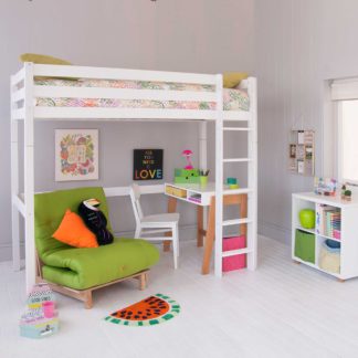 An Image of Buddy Childrens Beech Highsleeper Loft Bed With Desk, Storage Bookcase and Futon Chair Bed