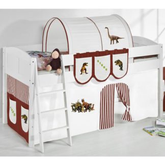 An Image of Hilla Children Bed In White With Dinosaur Brown Curtains