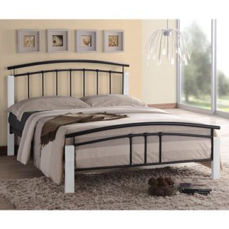 An Image of Tetron Metal Double Bed In Black With White Wooden Posts