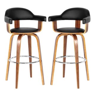 An Image of Savial Black Leather Rotating Bar Chairs With Armrest In Pair