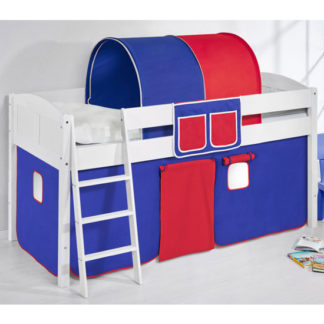 An Image of Hilla Children Bed In White With Blue Red Curtains