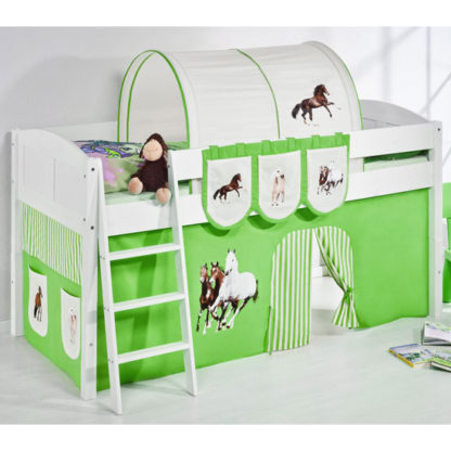 An Image of Hilla Children Bed In White With Horses Green Curtains