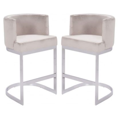 An Image of Lauro Beige Velvet Bar Chairs In Pair With Silver Legs