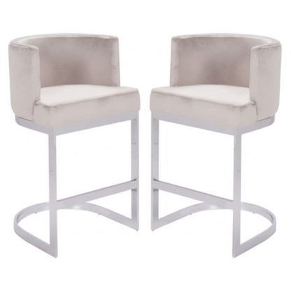 ce4fa650656d98008d5c9bb132c867ba42e458e18ee73430811f55b5b0284355.jpg An Image of Lauro Beige Velvet Bar Chairs In Pair With Silver Legs