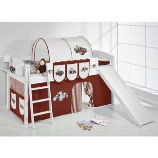 An Image of Lilla Slide Children Bed In White With Tractor Brown Curtains