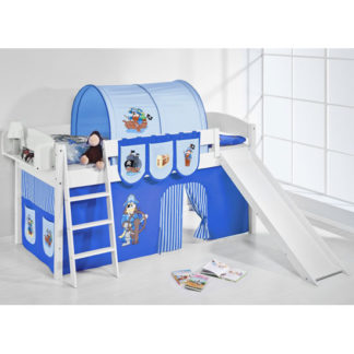 An Image of Lilla Slide Children Bed In White With Pirate Blue Curtains