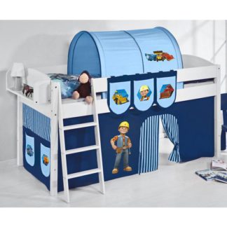 An Image of Lilla Children Bed In White With Bob The Builder Curtains