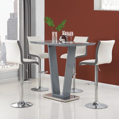 d40c56f49f9d6c254c53bd19fe2e8f5324c71b9912635d7dc4a447c5d4e333e9.jpg An Image of Ilko High Gloss Bar Table In Grey With 4 Ritz White Grey Stools
