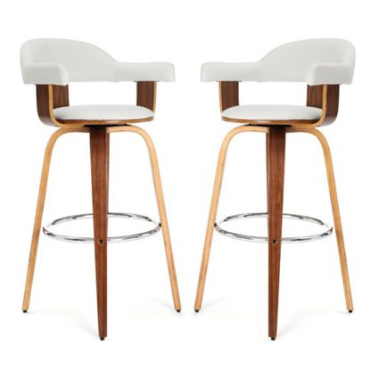 An Image of Savial White Leather Rotating Bar Chairs With Armrest In Pair