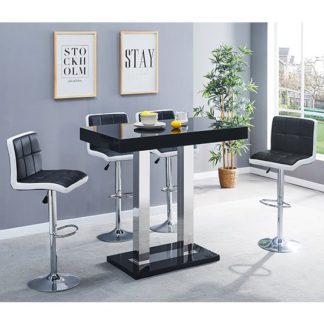 An Image of Caprice Glass Bar Table In Black With 4 Black White Copez Stools