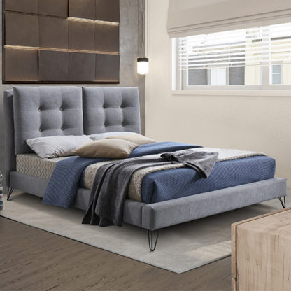 d95a843ef19f6357c04170196a4dbc0bf998bb749e4690110c3515904832902f.jpg An Image of Tuscany Fabric Double Bed In Light Grey With Black Metal Legs