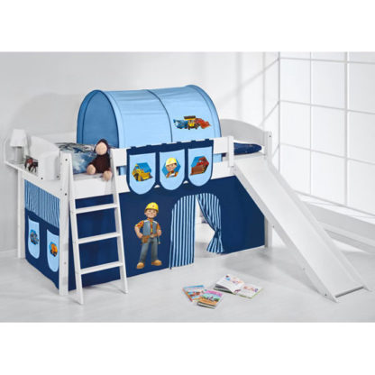 da739e132f09ddc32277789919f5a06229039e72020af5095d41dfdcf35681b6.jpg An Image of Lilla Slide Children Bed In White With Bob The Builder Curtains