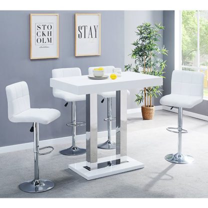 dacda8741b23d97ea4eab0df31d0a8a8805e8c97b2ffe096ead29e1c16b00ad4.jpg An Image of Caprice Glass Bar Table In White With 4 Coco White Stools