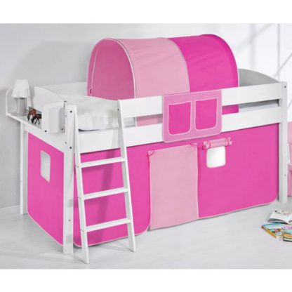 dc28ec894d2d0b38db47aa0609068d734a0276224324a1e2452210c30c8fd286.jpg An Image of Lilla Children Bed In White With Pink Curtains