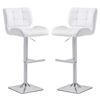 An Image of Candid White Faux Leather Bar Stool With Chrome Base In Pair