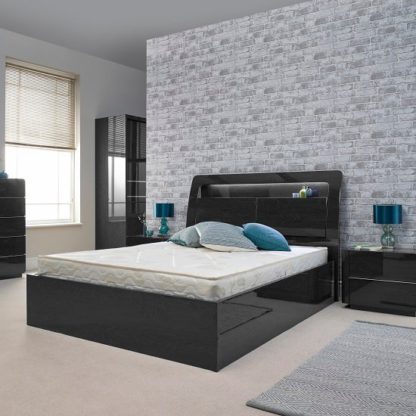An Image of Devito Wooden Double Bed In Grey Gloss Grain Effect With LED