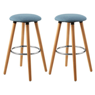 An Image of Porrima Blue Fabric Round Seat Bar Stools In Pair