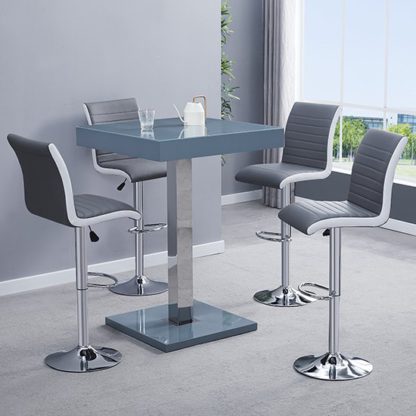 An Image of Topaz Glass Bar Table In Grey With 4 Ritz Grey White Stools