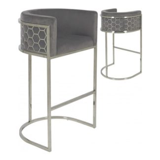 An Image of Meta Grey Velvet Bar Stools In Pair With Silver Legs