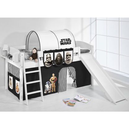 e52093ba486066ed2071924b7cc8ece372f819102152de7189a1033b189830c6.jpg An Image of Lilla Slide Children Bed In White With Star Wars Black Curtains
