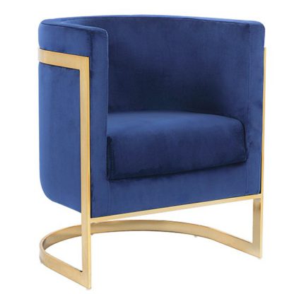 e62a2562a8449b41660e80e2d9fc82085a485ea9f5cd089be767c4f7a262acb5.jpg An Image of Fenda Velvet Armchair In Blue With Gold Stainless Steel Legs