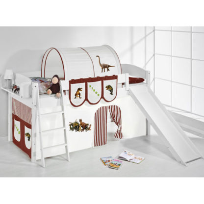 An Image of Lilla Slide Children Bed In White With Dinosaur Brown Curtains