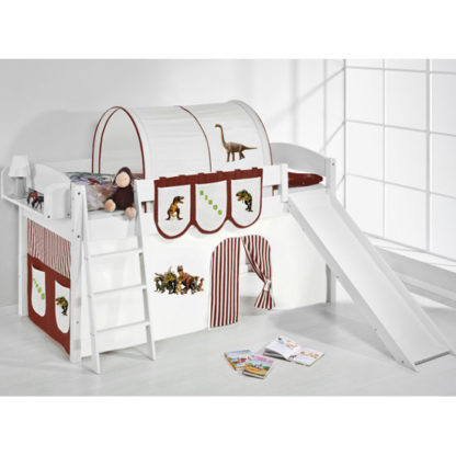 e909a6c4bea98eb9d2c491cdf3b04ff91c0a5ba4f26b58bdb7b282644c709165.jpg An Image of Lilla Slide Children Bed In White With Dinosaur Brown Curtains