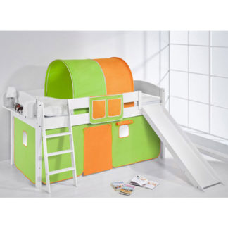 An Image of Lilla Slide Children Bed In White With Green Orange Curtains