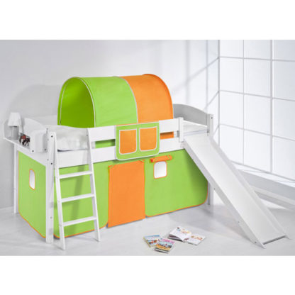 eb0b9901470fa72b607d303eee11c5aff54a3a5f413de21feeea6a8e66bfd3d4.jpg An Image of Lilla Slide Children Bed In White With Green Orange Curtains