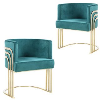 An Image of Lula Green Velvet Dining Chairs In Pair With Gold Legs