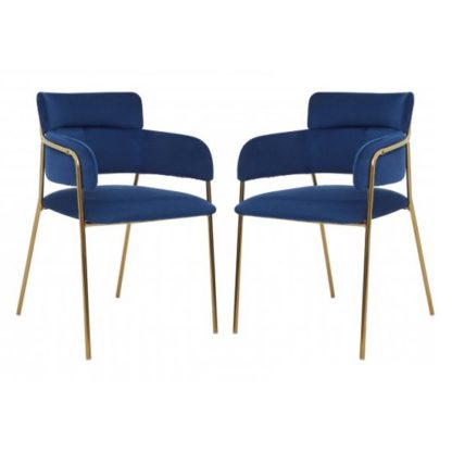 An Image of Tamzo Blue Velvet Dining Chairs And Gold Legs In Pair