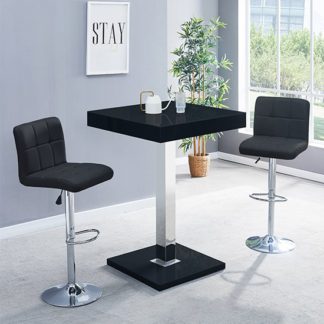 An Image of Topaz Glass Bar Table In Black Gloss With 2 Coco Black Stools