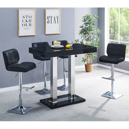 f6dea7094b3c927c8df70365984e3b789650796fd29ae4ee98f083cf265588cc.jpg An Image of Caprice Glass Bar Table In Black With 4 Black Candid Stools