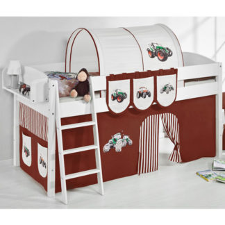 An Image of Lilla Children Bed In White With Tractor Brown Curtains